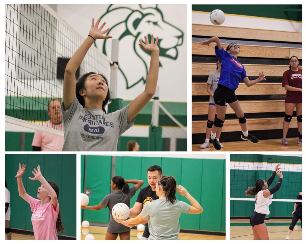 a collage of volleyball players setting and serving