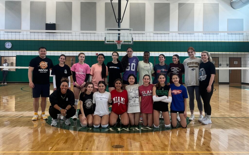 a group of volleyball players in front of a net